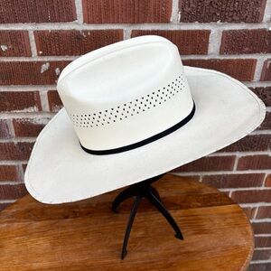 Vintage Laredo Shantug Straw Cowboy Off White Hat with leather band Sz 6 7/8